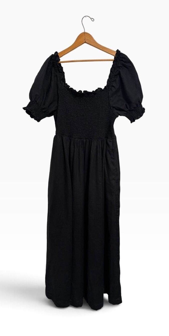 NWOT Boden Womens US 14 Smocked Black Linen Midi Dress Puff Sleeve Cottagecore